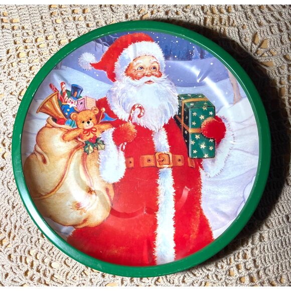 Vintage Metal Santa Claus Holiday Tray 10” With Green Rim For Christmas Decor & - Picture 3 of 3